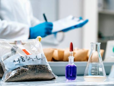 Soil Samples Testing Laboratory. Close up image of female scientist wearing white coat taking notes in laboratory.